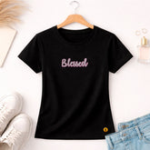 Camiseta Feminina Preta Blessed Glitter Pink Aplique