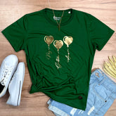 Camiseta Feminina Verde Coração Paz Amor Dourado