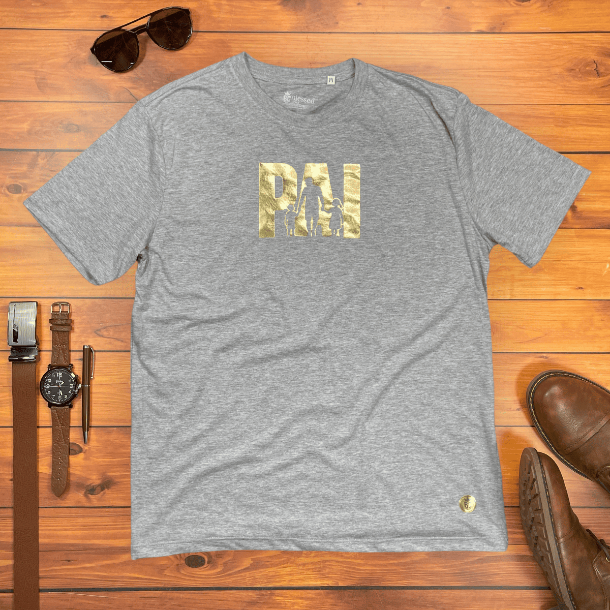 Camiseta Masculina Cinza Pai Filhos Dourado