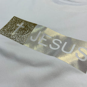 Moletom Off White Aplique Jesus Glitter Dourado