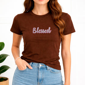 Camiseta Feminina Marrom Blessed Glitter Pink Aplique