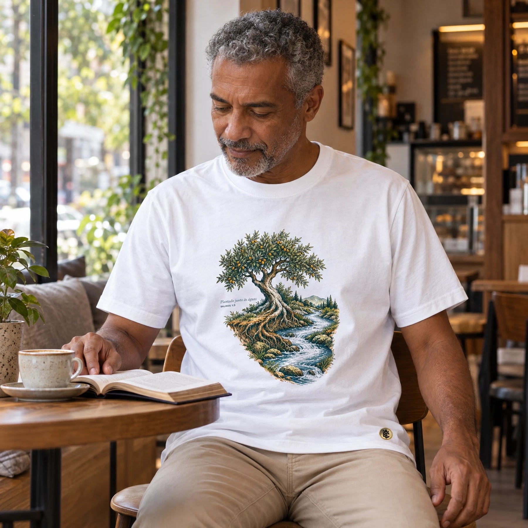 Camiseta Masculina Branca Plantado junto às águas