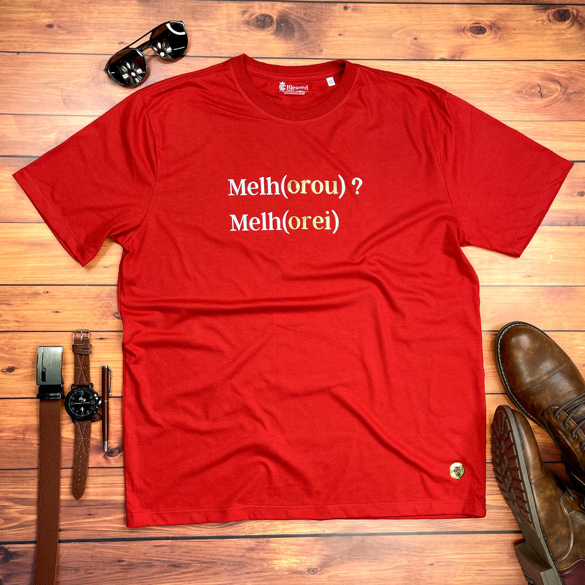 Camiseta Masculina Vermelha Melho(orou) ? Melh(orei)