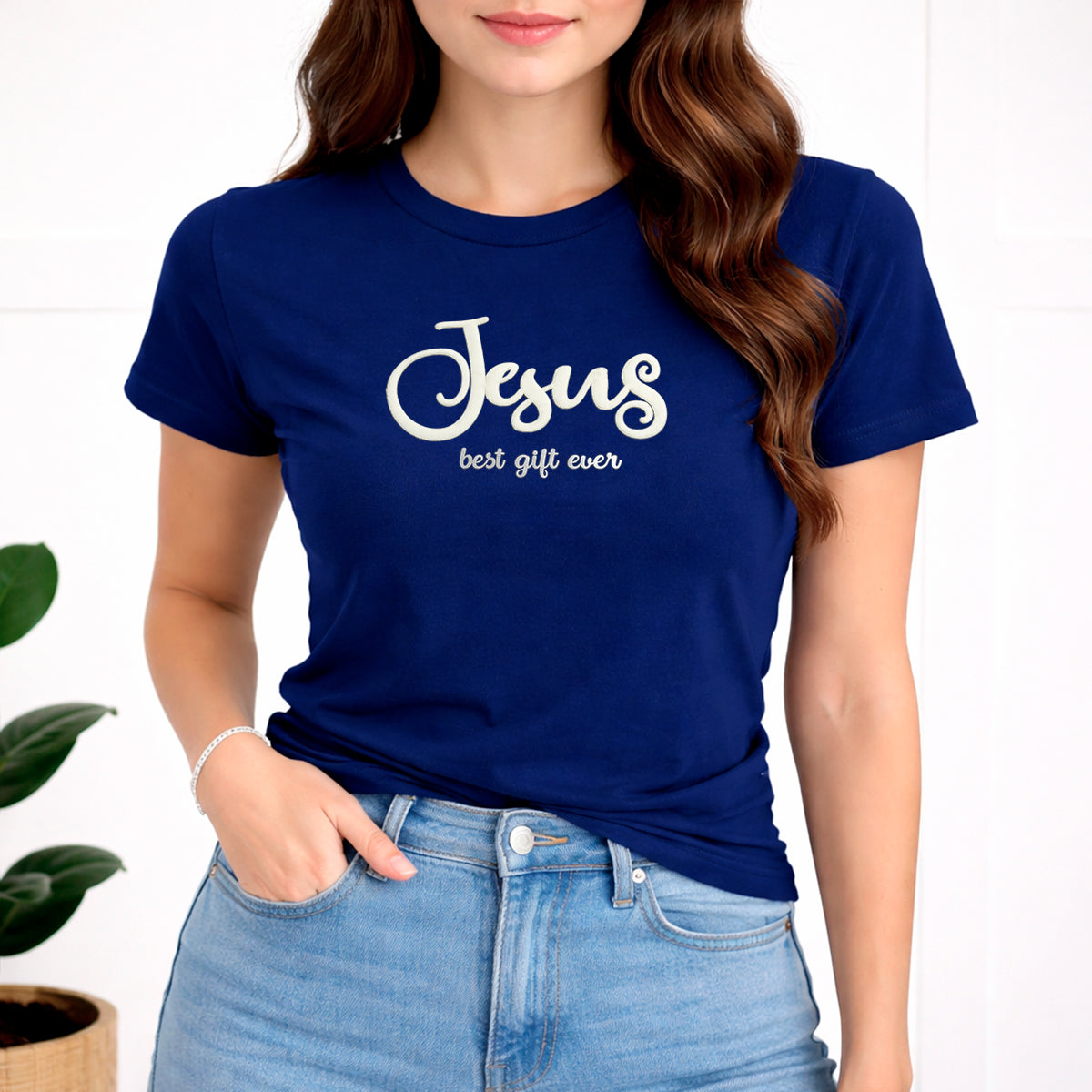 Camiseta Feminina  Azul Jesus Best Gift Ever Veludo