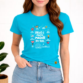 Camiseta Feminina  Turquesa Deus é Muito Maior 