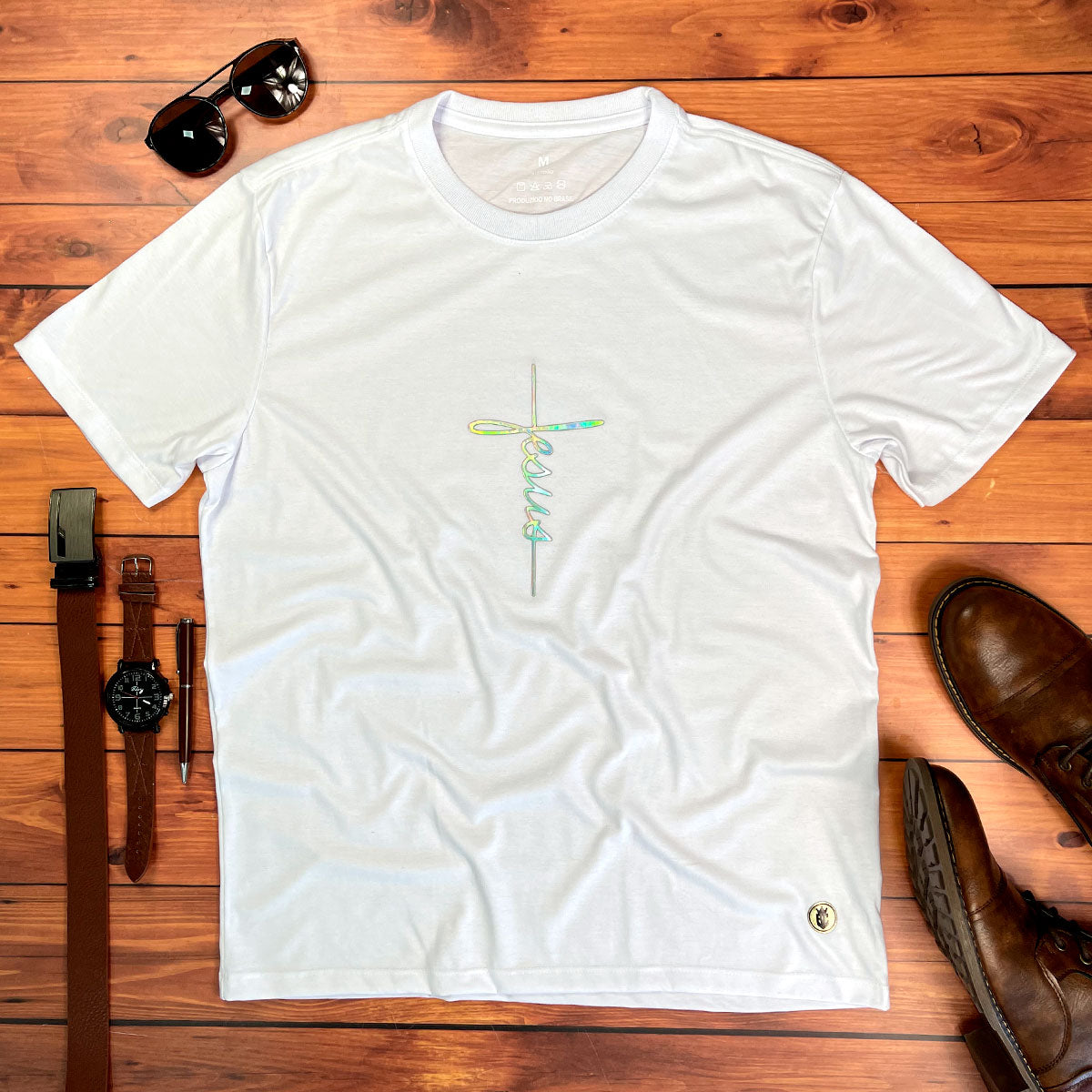 Camiseta Masculina Branca Aplique Cruz Jesus
