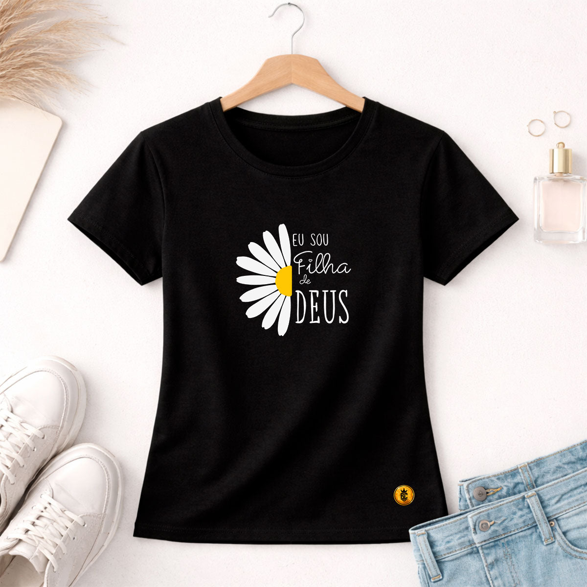 Camiseta Feminina  Preta Flor Eu Sou Filha De Deus 