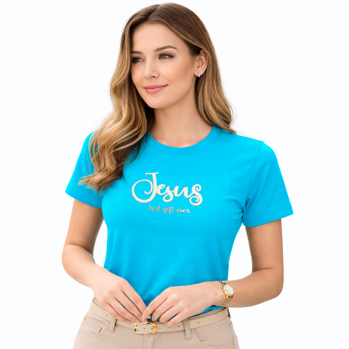 Camiseta Feminina Turquesa Jesus Best Gift Ever Veludo