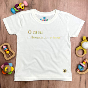 T-Shirt Infantil Off White O Meu Influenciador É Jesus!