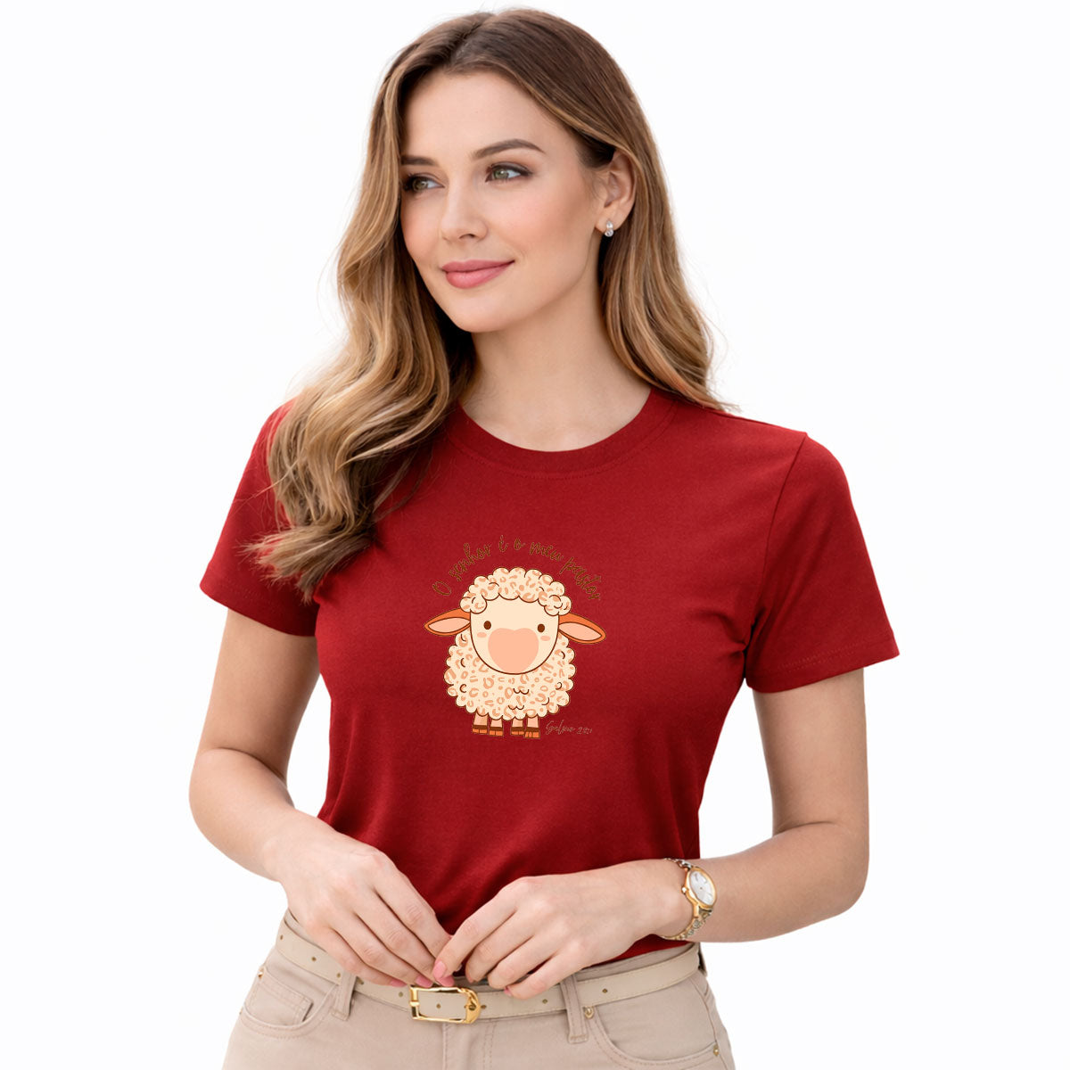 Camiseta Feminina Vermelha O Senhor é o Meu Pastor Ovelha