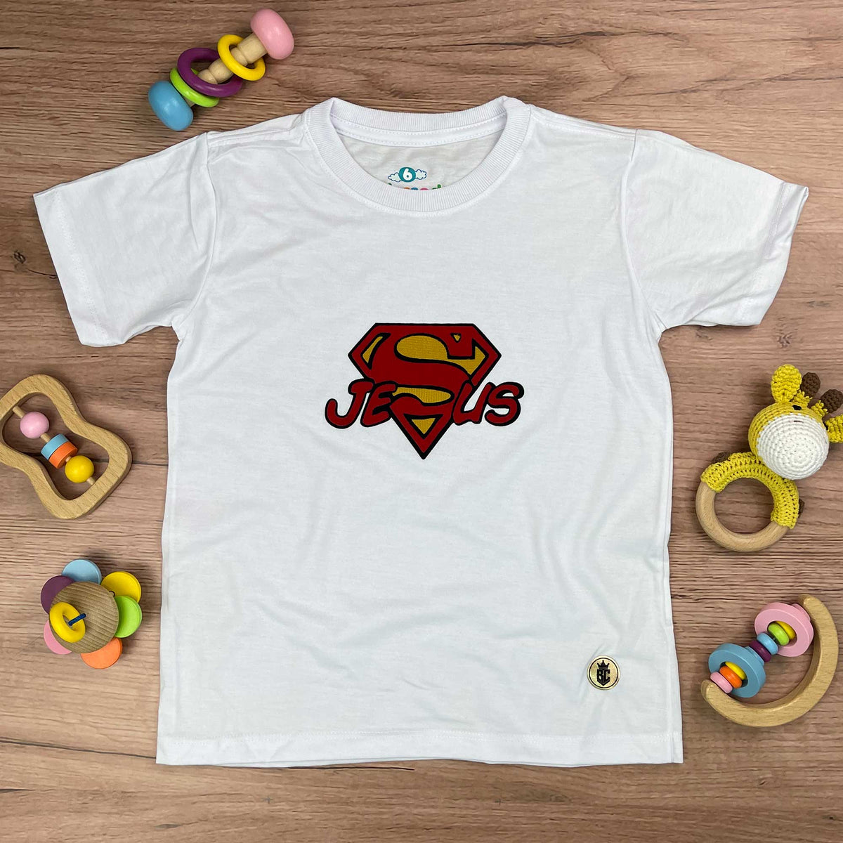 T-Shirt Infantil Branca Jesus Superman