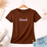 Camiseta Feminina Marrom Blessed Glitter Pink Aplique