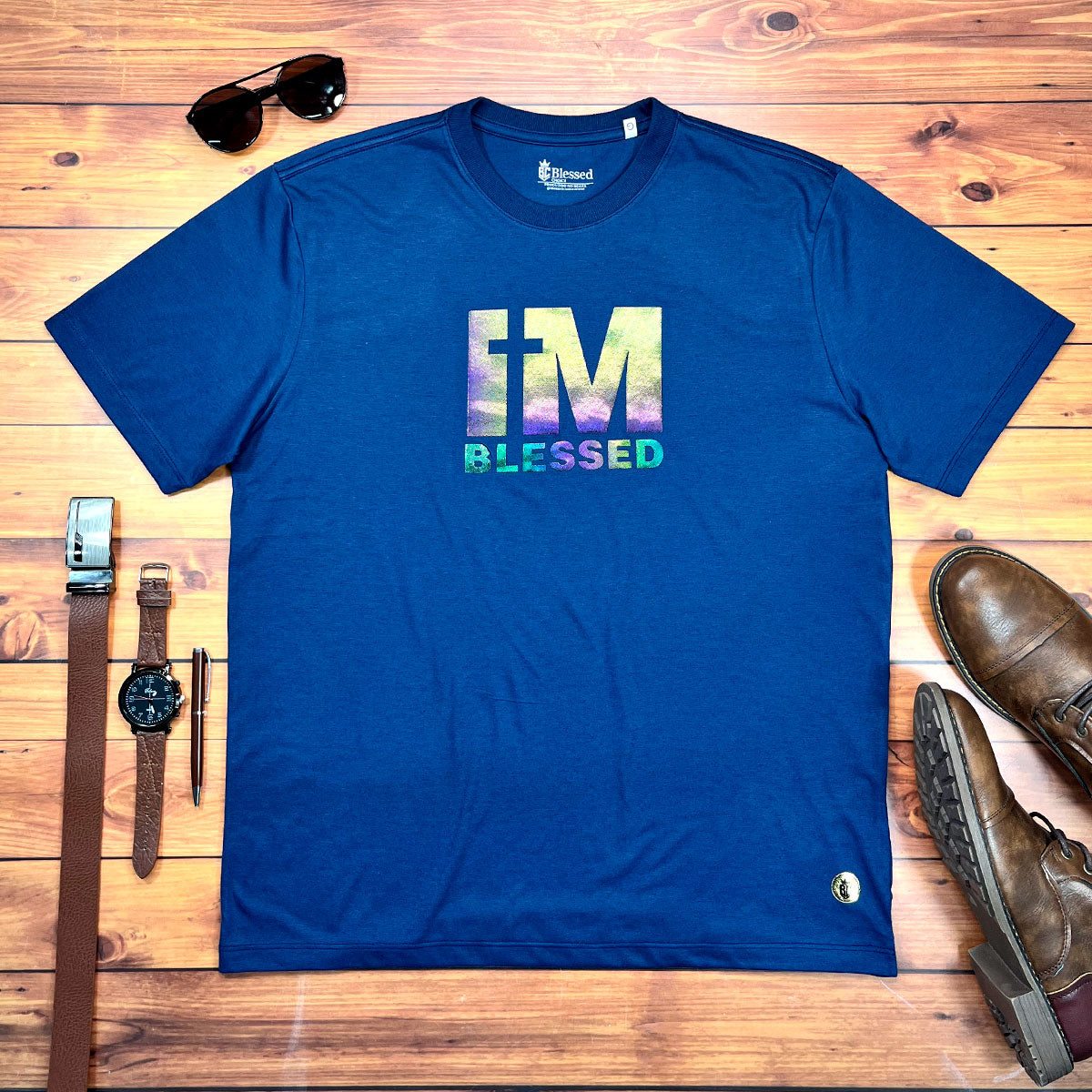 Camiseta Masculina Azul Aplique Camaleão IM Blessed