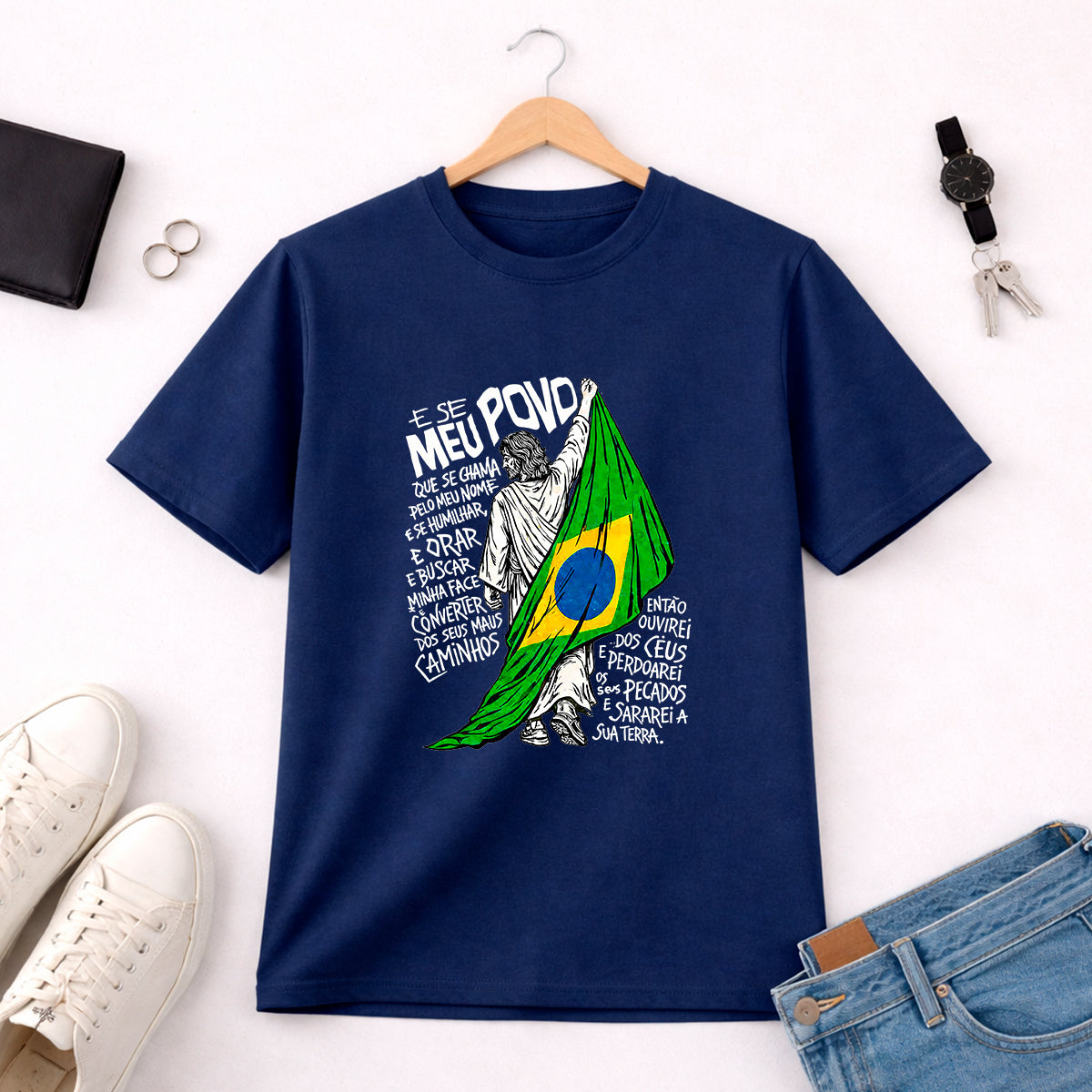 Camiseta Masculina Azul Brasil E se Meu Povo
