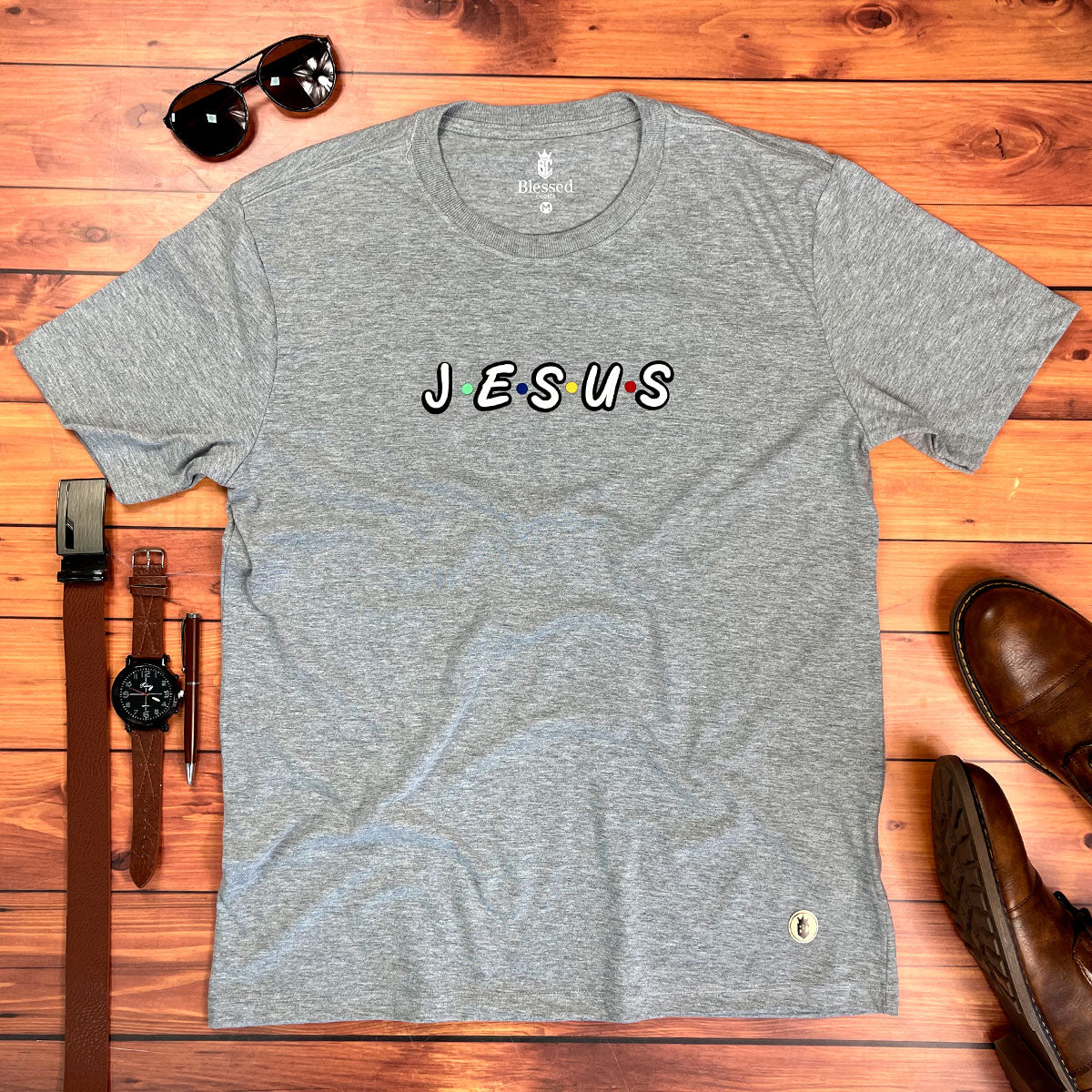 Camiseta Masculina Cinza Aplique J.E.S.U.S