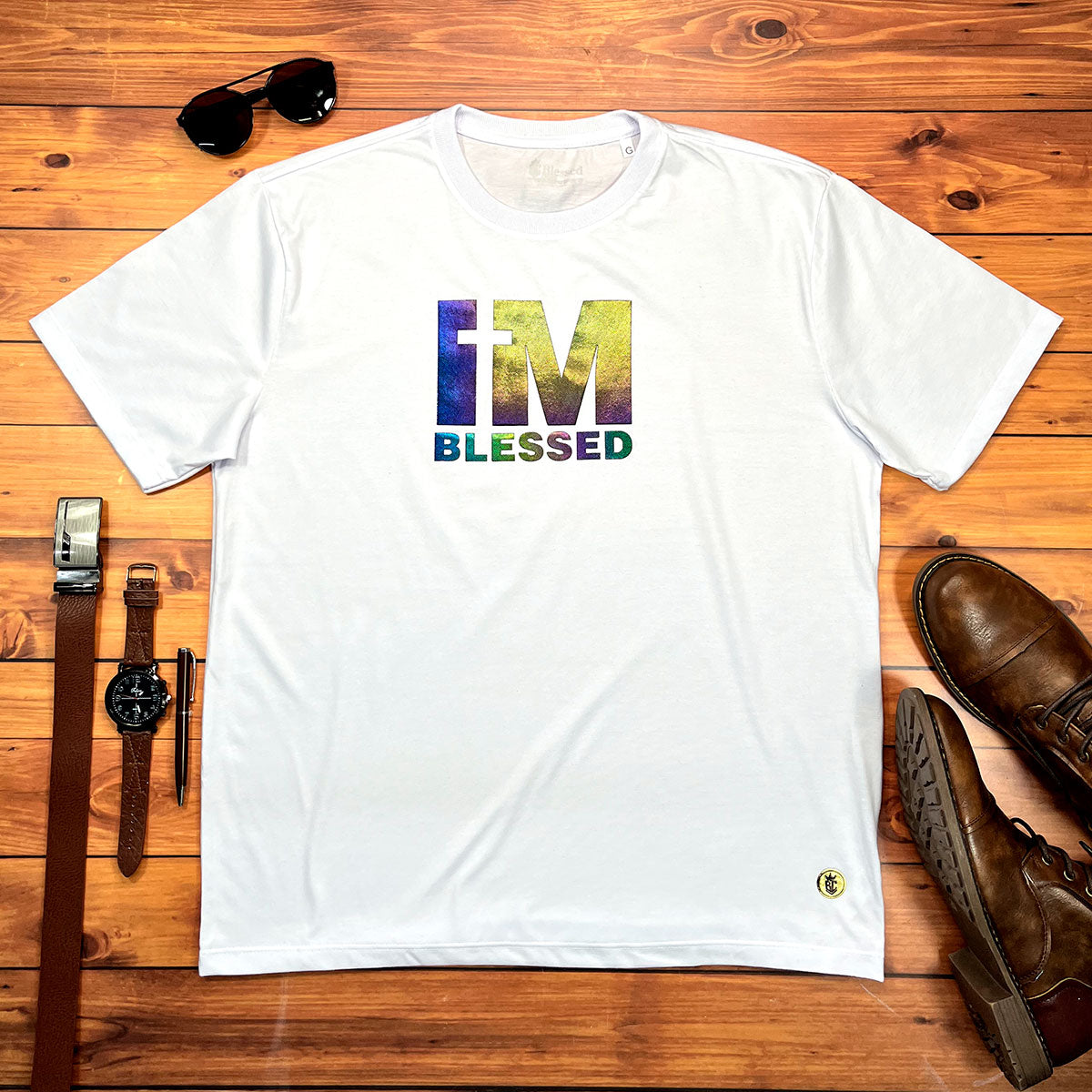 Camiseta Masculina Branca Aplique Camaleão IM Blessed