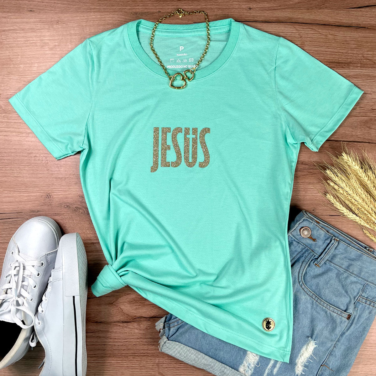 Camiseta Feminina Verde Menta Jesus Cruz Glitter