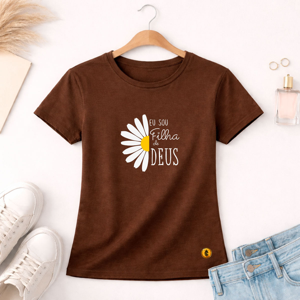 Camiseta Feminina  Marrom Flor Eu Sou Filha De Deus 