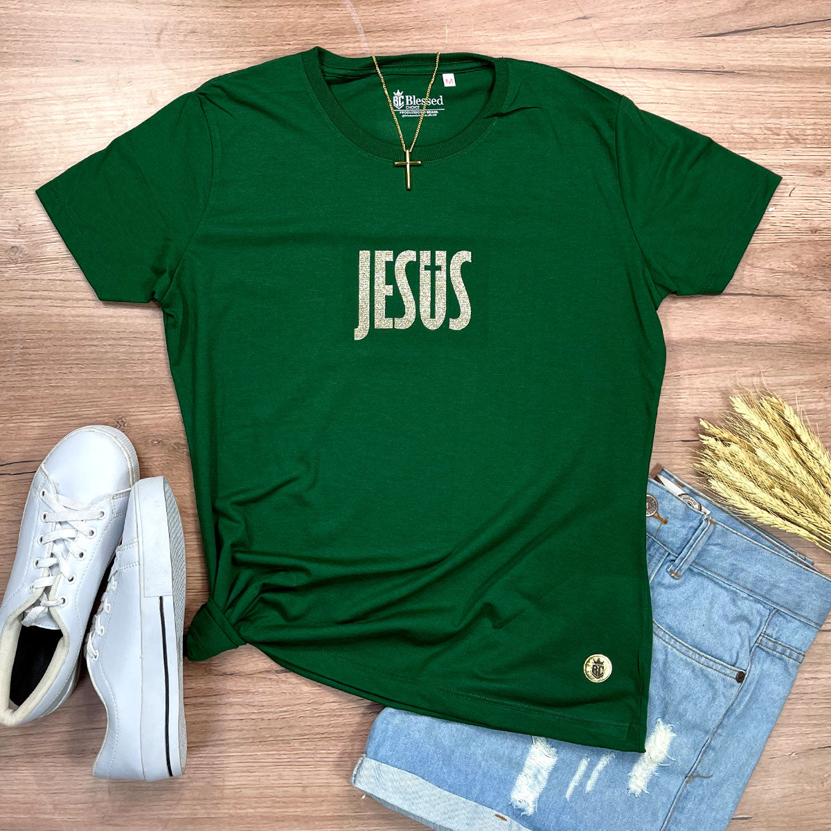 Camiseta Feminina Verde Jesus Cruz Glitter