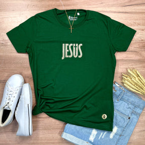 Camiseta Feminina Verde Jesus Cruz Glitter