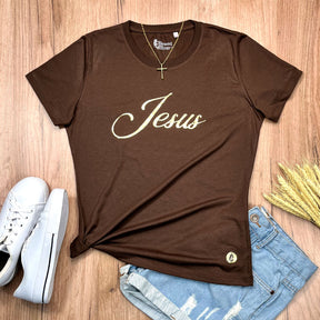 Camiseta Feminina Marrom Jesus Dourado