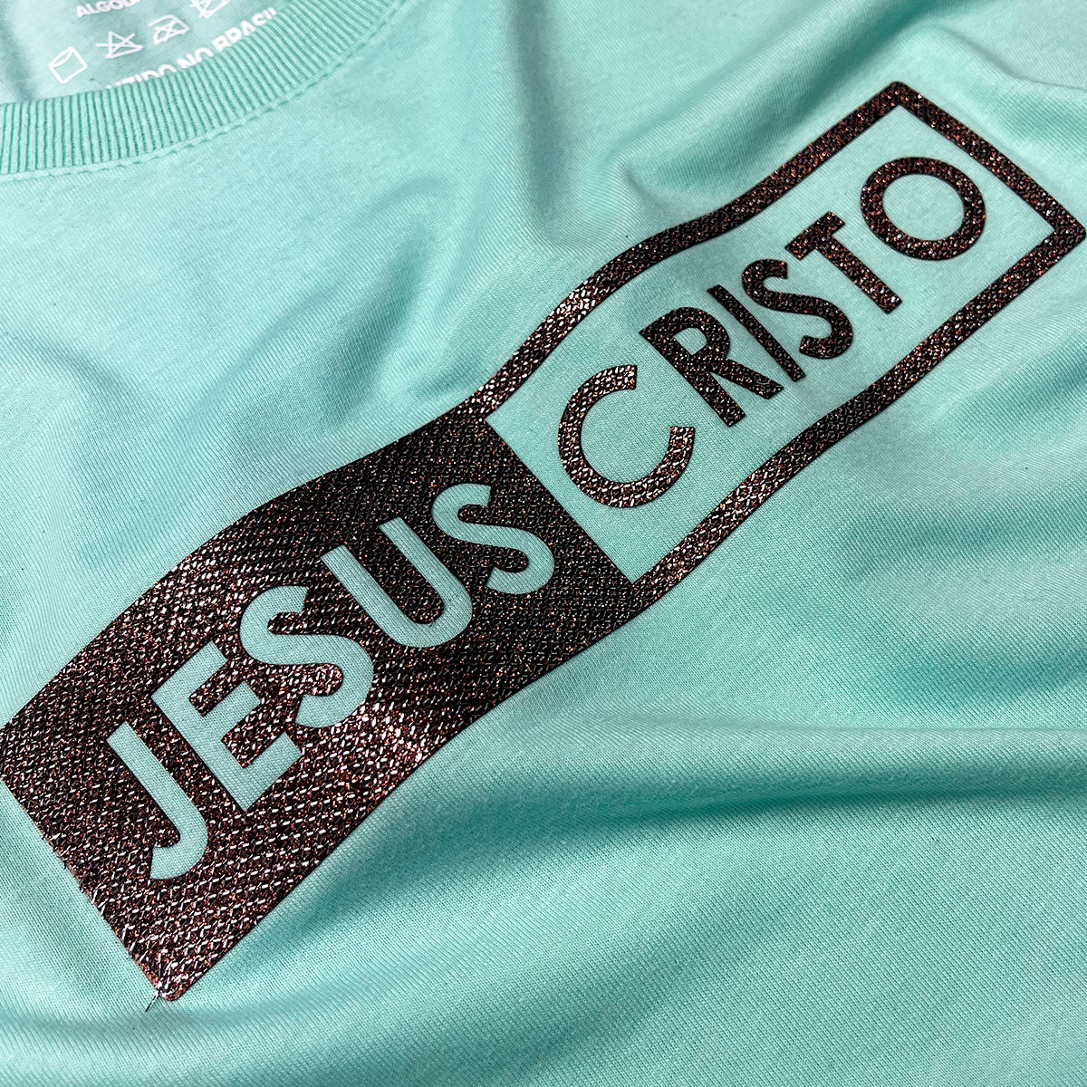 Camiseta Feminina Verde Menta Jesus Cristo Glitter