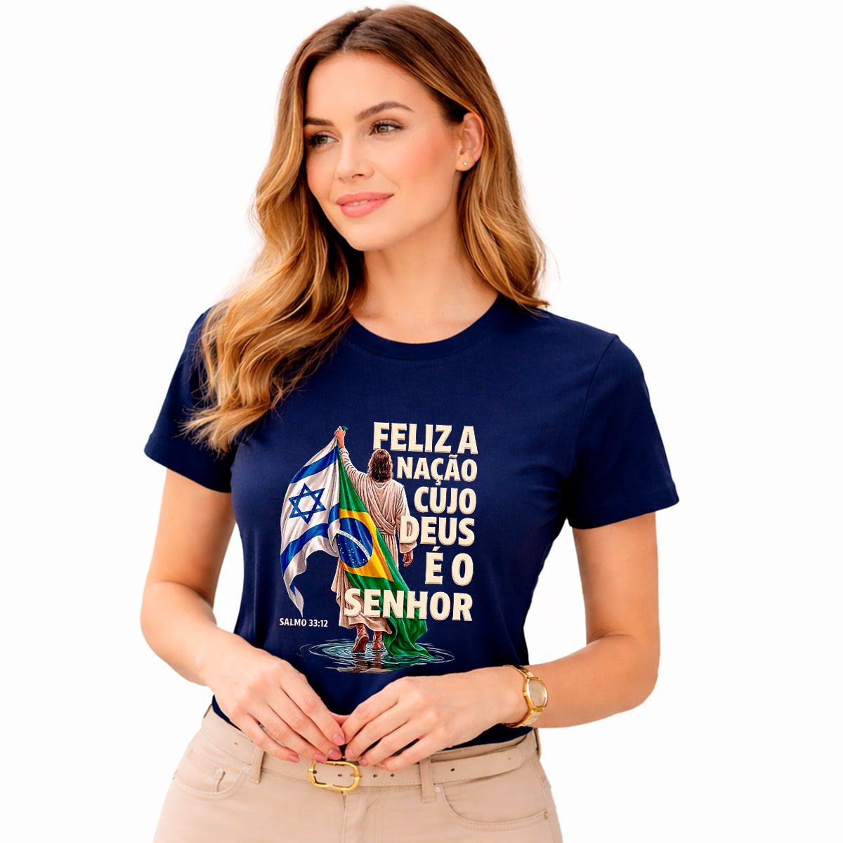 Camiseta Feminina Azul Brasil Feliz é a Nação