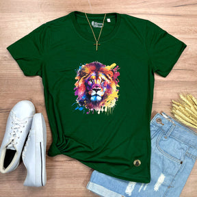 Camiseta Feminina Verde Leão Colorido
