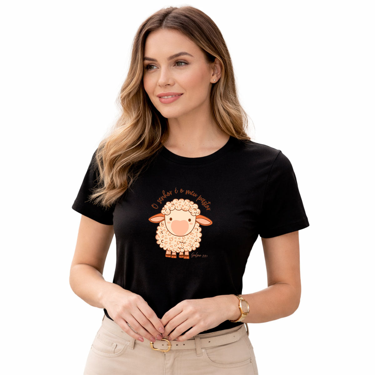 Camiseta Feminina Preta O Senhor é o Meu Pastor Ovelha