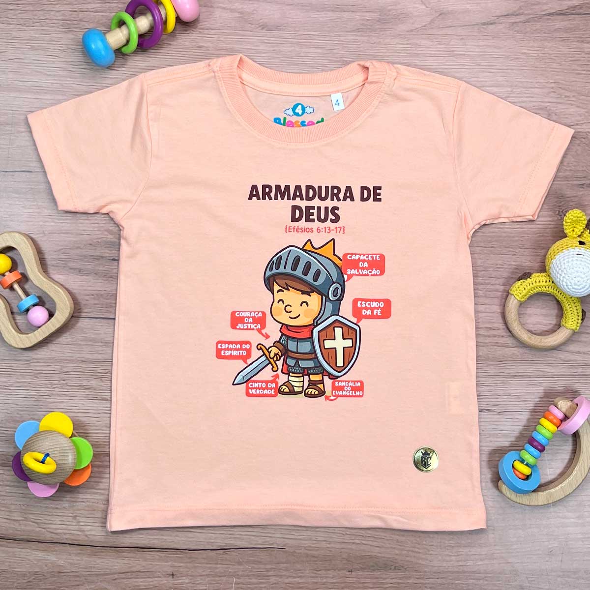 T-Shirt Infantil Salmão Armadura De Deus