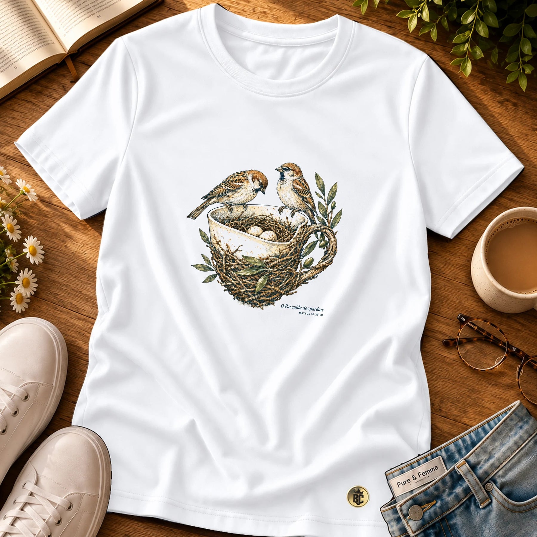 Camiseta Feminina Branca O Pai cuida dos pardais