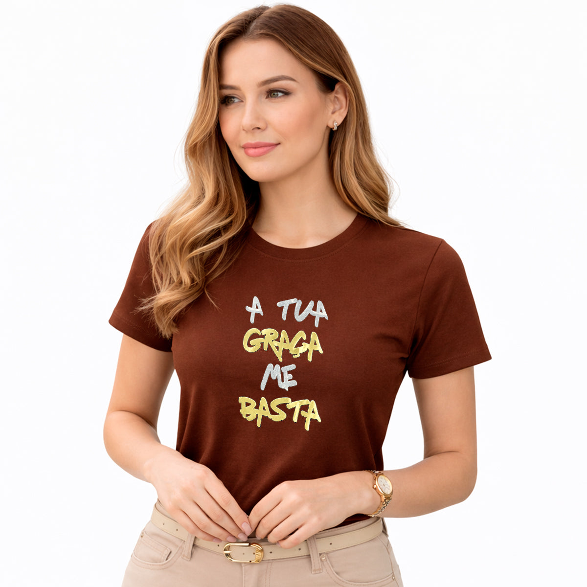 Camiseta Feminina Marrom A Tua Graça Me Basta  Aplique