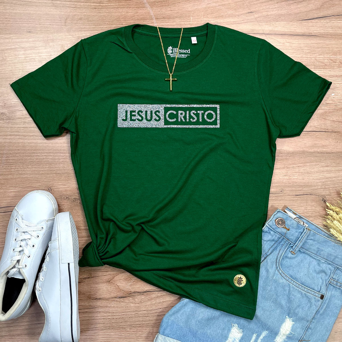 Camiseta Feminina Verde Jesus Cristo Glitter