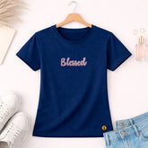 Camiseta Feminina Azul  Blessed Glitter Pink Aplique