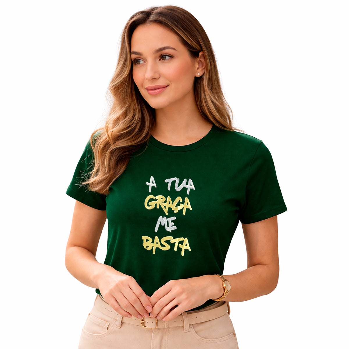 Camiseta Feminina Verde A Tua Graça Me Basta  Aplique