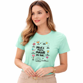 Camiseta Feminina  Verde Menta Deus é Muito Maior 