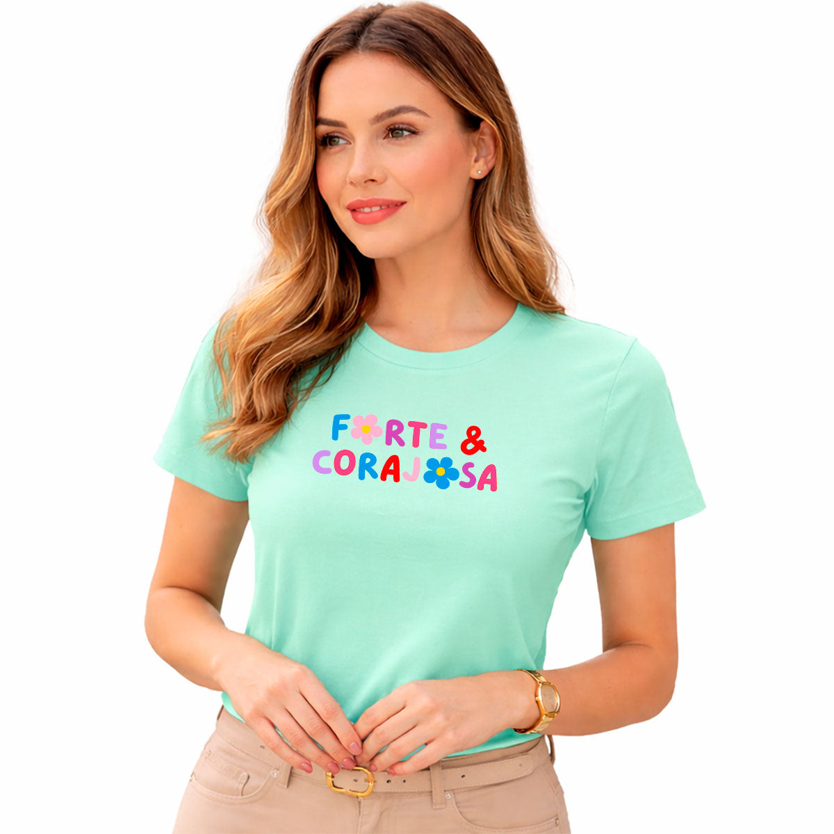 Camiseta Feminina Verde Menta Forte & Corajosa