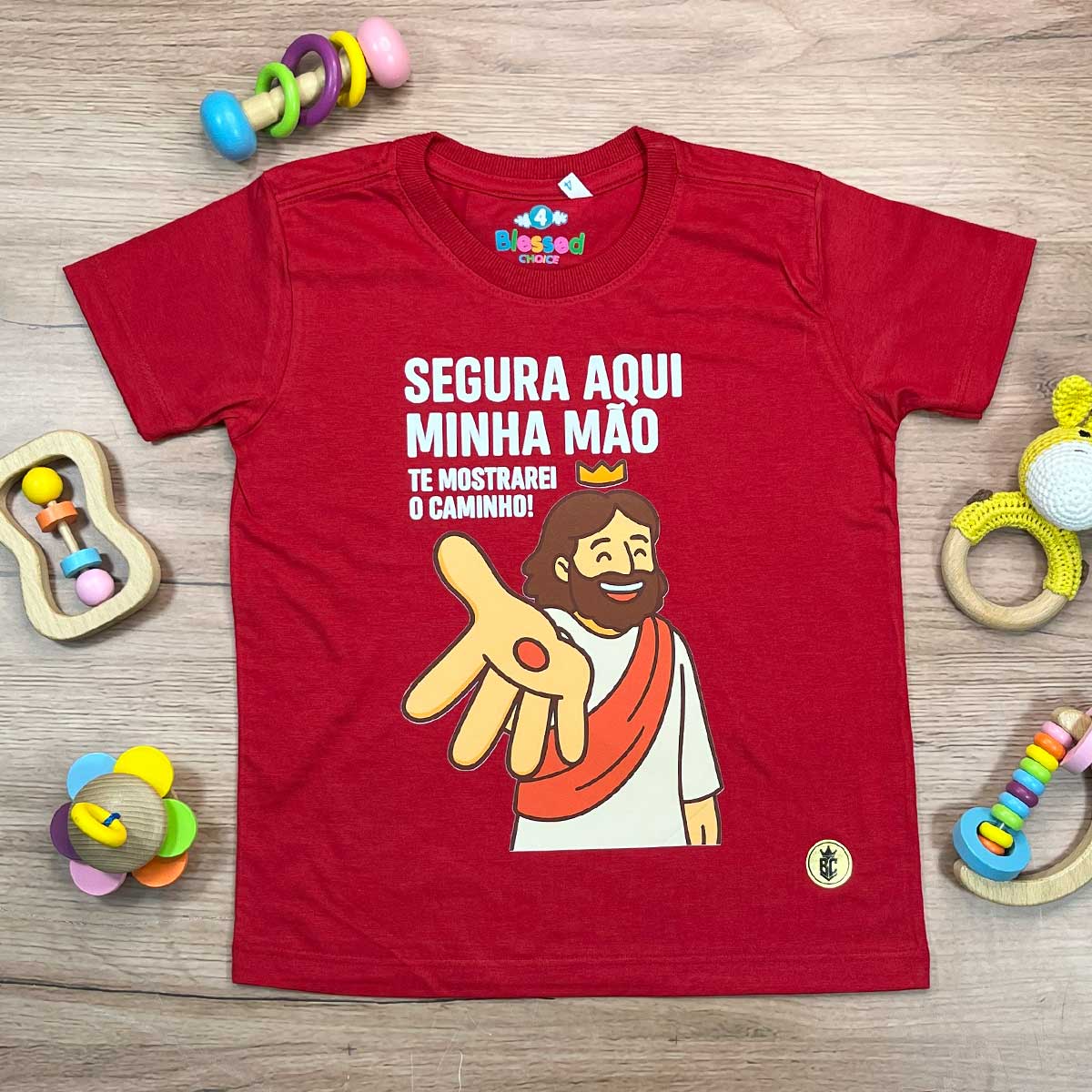 T-Shirt Infantil Vermelha Segura Aqui Minha Mão