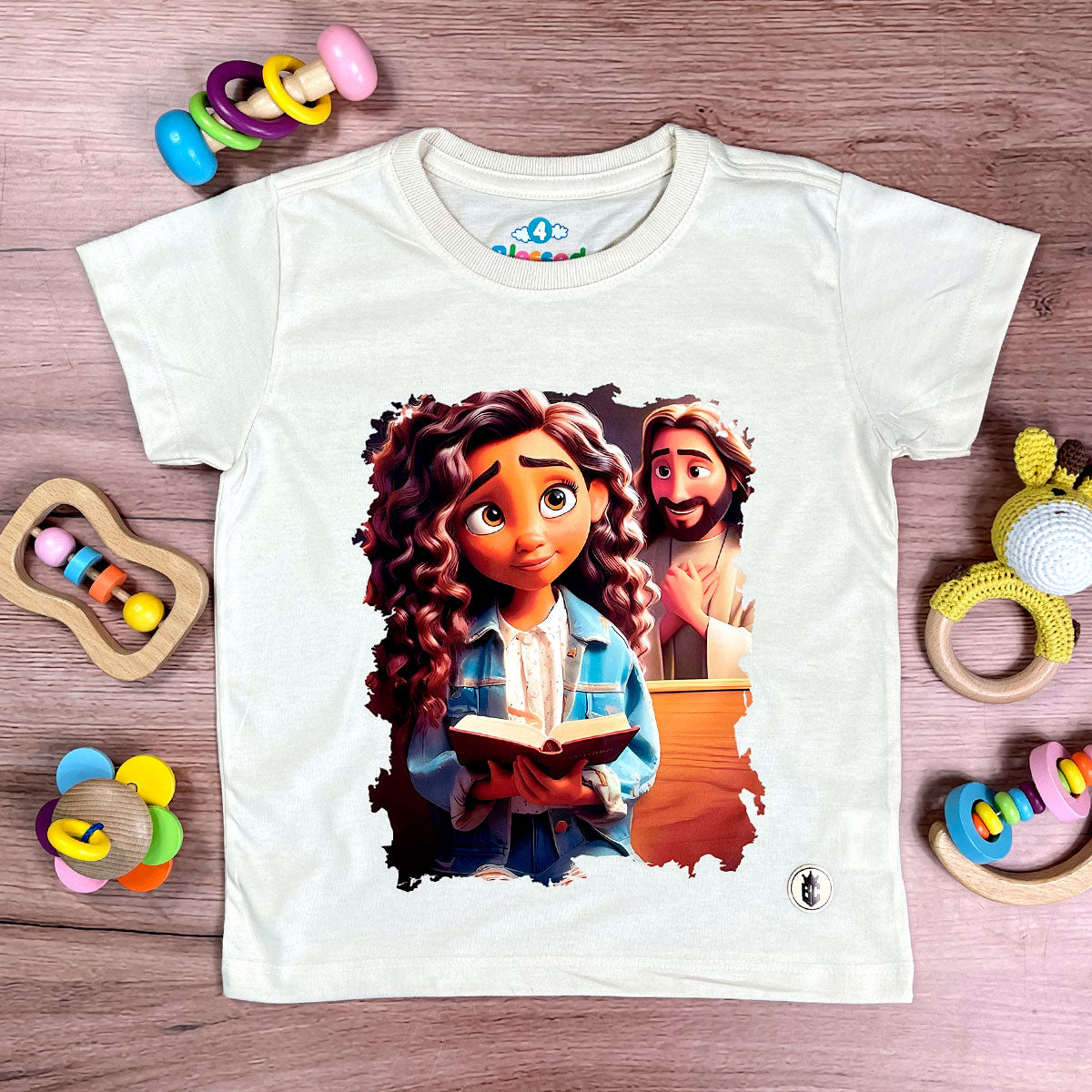 T-Shirt Infantil Off White Garota Bíblia Jesus