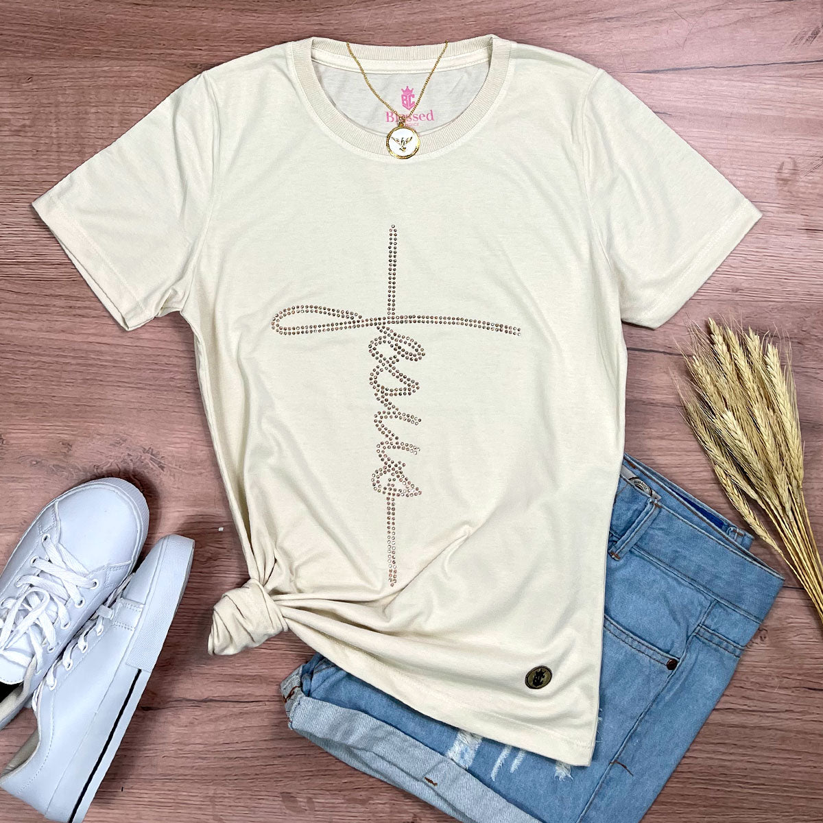 Camiseta Feminina Off White Jesus Strass