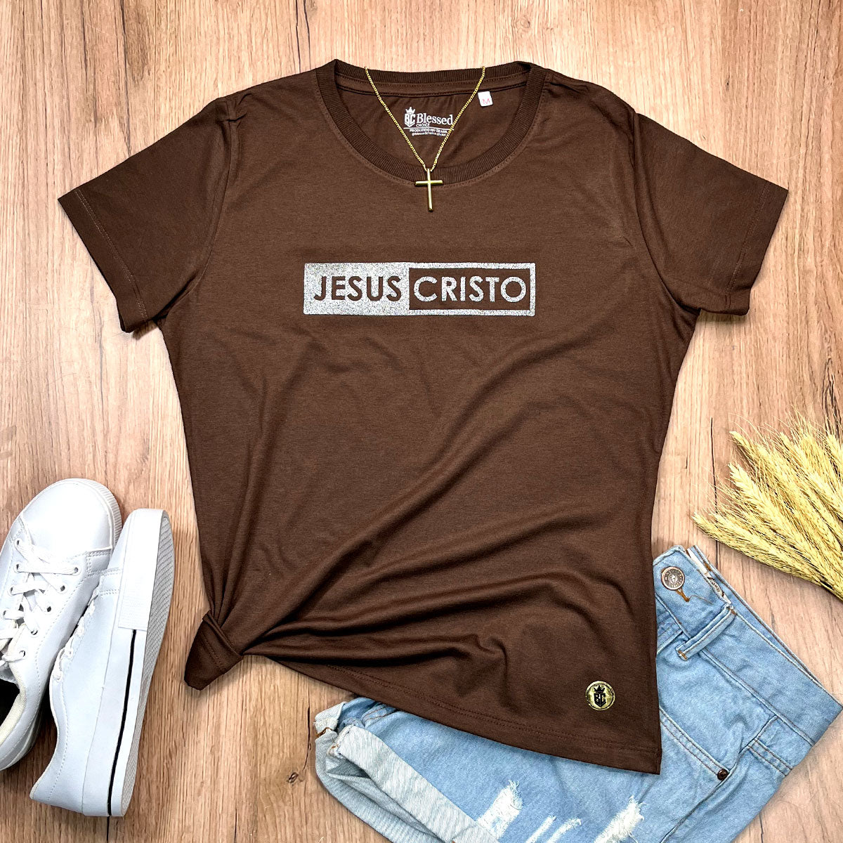 Camiseta Feminina Marrom Jesus Cristo Glitter