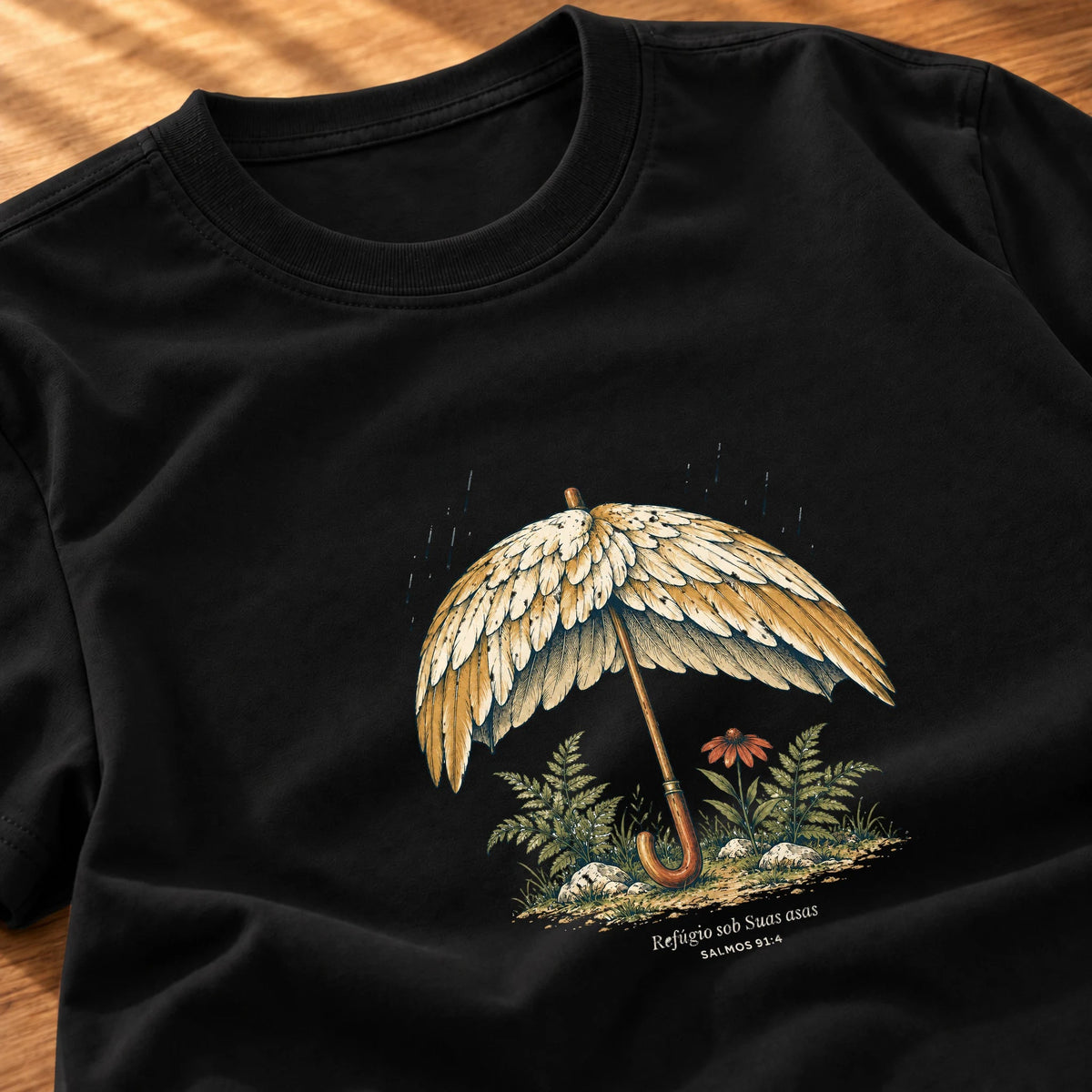 Camiseta Feminina Preta Refúgio sob Suas asas