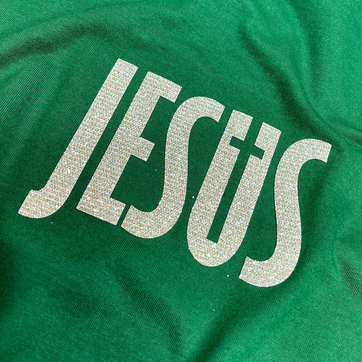 Camiseta Feminina Verde Jesus Cruz Glitter