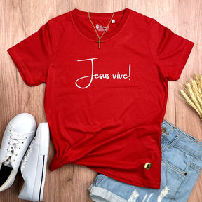 Camiseta Feminina Vermelha Jesus Vive!