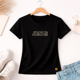 Camiseta Feminina Preta Jesus Aplique Camaleão