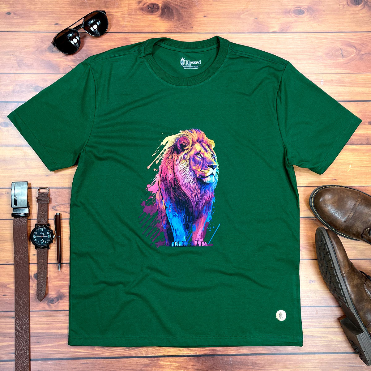 Camiseta Masculina Verde Leão Colorido