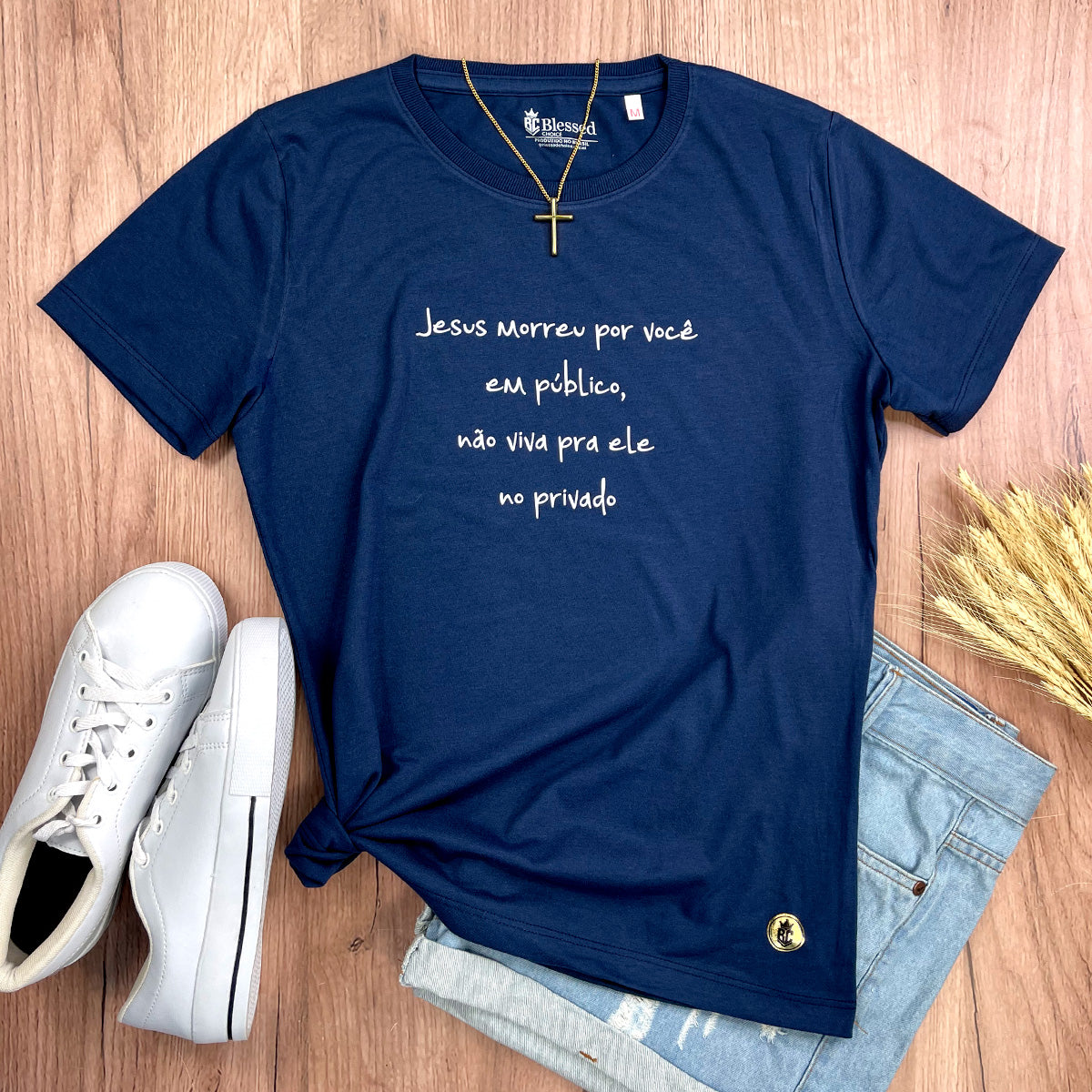 Camiseta Feminina Azul Jesus Morreu Por Você