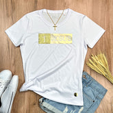 Camiseta Feminina Branca Aplique Jesus Glitter Dourado