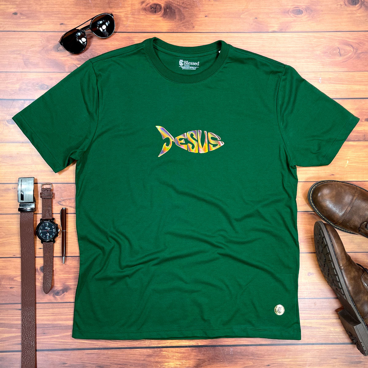 Camiseta Masculina Verde Jesus Peixe
