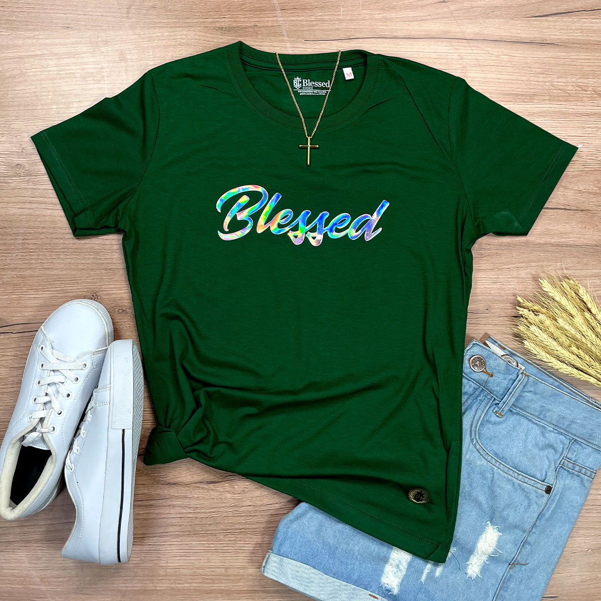 Camiseta Feminina Verde Blessed Holográfico